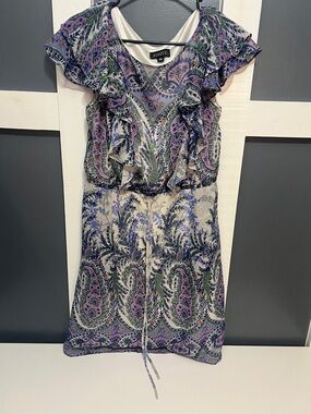 Adrianna Papell Lavender and Green Paisley Ruffle Mini Dress